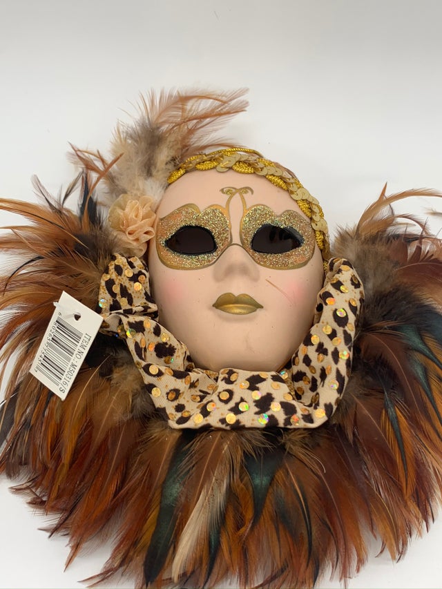 Small Ceramic Carnival Mask and Feather Ornament, Set of 5 (Variety)